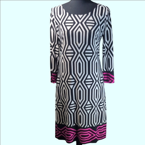 INC Geometric Black and White Dress with Pink Accents